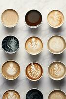 AI generated A row of espresso cups filled with freshly brewed shots of espresso photo