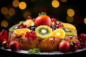 AI generated a fruit cake with a variety of fruits on top photo