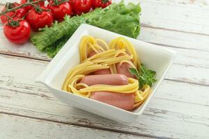 Mini sausages with pasta spaghetti photo