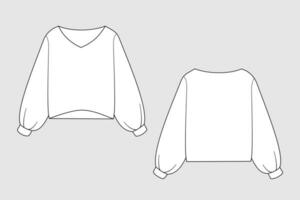 Female sweatshirt vector template isolated on a grey background. Front and back view. Outline fashion technical sketch of clothes model.