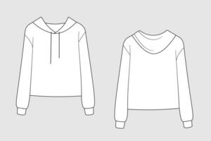 Hoodie vector template isolated on a grey background. Front and back view. Outline fashion technical sketch of clothes model.
