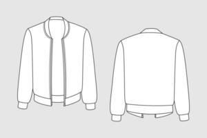 Bomber jacket vector template isolated set on a grey background. Unisex, male, female model. Front and back view. Outline fashion technical sketch of clothes model.