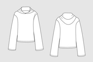 Hoodie female vector template isolated on a white background. Front and back view. Outline fashion technical sketch of clothes model.