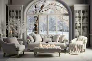 AI generated Warm Winter Ambiance with Frosted Window View photo