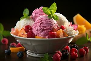 AI generated Set of ice cream scoops of different colors and flavours with berries photo