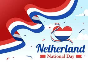 contento Holanda nacional día vector ilustración con Países Bajos bandera y cielo azul antecedentes en plano dibujos animados diseño