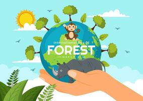 internacional bosque día vector ilustración en 21 marzo con plantas, árboles, verde campos y varios fauna silvestre a económico silvicultura en antecedentes