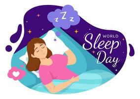 World Sleep Day Vector Illustration on March 17 with People Sleeping, Clouds, Planet Earth and the Moon in Sky Backgrounds Flat Cartoon Design