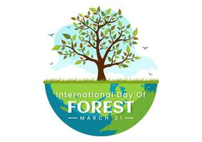 internacional bosque día vector ilustración en 21 marzo con plantas, árboles, verde campos y varios fauna silvestre a económico silvicultura en antecedentes