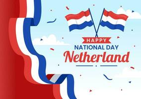 contento Holanda nacional día vector ilustración con Países Bajos bandera y cielo azul antecedentes en plano dibujos animados diseño