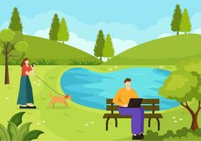 al aire libre actividad vector ilustración con relajante en un picnic, ocio ocupaciones a fin de semana y activo recreación en plano dibujos animados antecedentes diseño