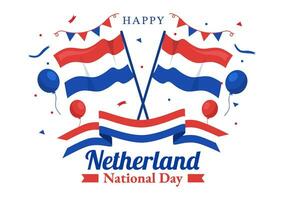 contento Holanda nacional día vector ilustración con Países Bajos bandera y cielo azul antecedentes en plano dibujos animados diseño