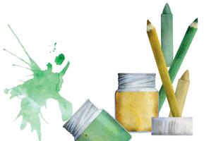 Watercolor hand drawn illustration, kids children painting materials supplies, yellow green stationery and splash. Composition isolated on white. For school, kindergarten, party, cards, website, shop vector