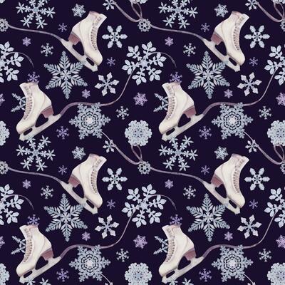 Hand drawn watercolor figure skating boots, winter sports gear, ice trail swirl glitter, snowflakes. Illustration isolated seamless pattern, dark background. Design for poster, print, website, card