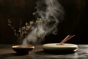 AI generated Incense burner and smoke photo