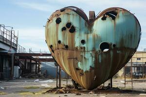 AI generated a large heart sculpture in an abandoned industrial area. photo