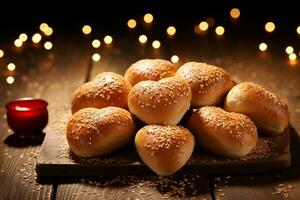 AI generated Yeast sweet buns in the shape of a heart on baking tray photo