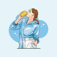 Healthy drink. Happy young woman enjoy summer drink cold refreshing drink. Vector illustration