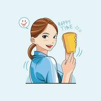 Happy time. Spoiled young lady showing me a cold drink. Vector illustration