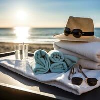 AI generated beach accessories at the seaside photo