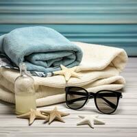 AI generated beach accessories at the seaside photo