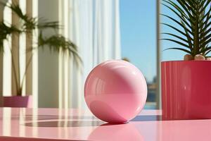 AI generated A toy ball sitting on a pink countertop photo