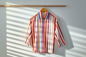 AI generated colorful striped retro shirt hanging on hanger photo