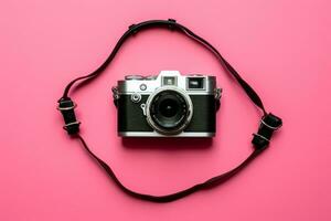 AI generated Old film camera on pink background photo