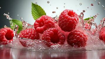AI generated Fresh Ripe Raspberry with Splash effect, Juicy and tasty Fruit, Healthy Food photo