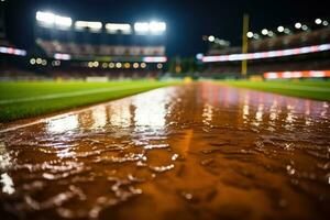 ai generado deporte estadio con béisbol pelota a noche fondo para antecedentes anuncio foto