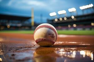 ai generado deporte estadio con béisbol pelota a noche fondo para antecedentes anuncio foto