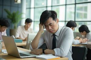 AI generated stressed man with headache working early in the morning in his office photo