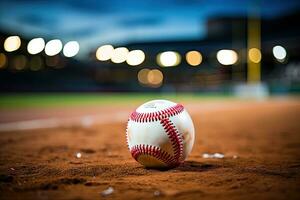 ai generado deporte estadio con béisbol pelota a noche fondo para antecedentes anuncio foto