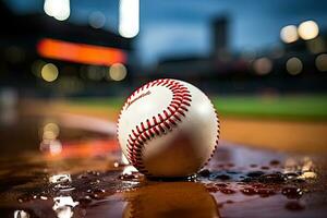 AI generated sport stadium with baseball ball at night backdrop for background advertisement photo