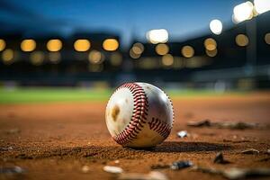 ai generado deporte estadio con béisbol pelota a noche fondo para antecedentes anuncio foto