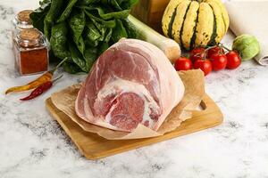 Uncooked raw pork knuckle with spices photo