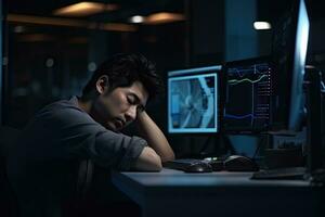 AI generated tired man hard working freelance job project photo