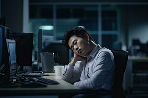 AI generated tired man hard working freelance job project photo