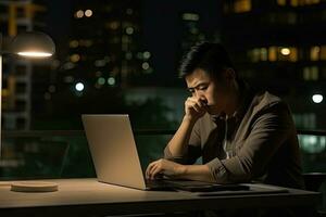 AI generated hispanic young man working at the office at night thinking looking tired and bored with depression photo