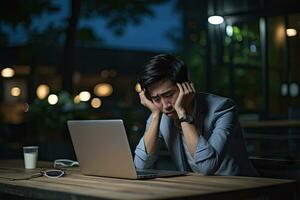 AI generated hispanic young man working at the office at night thinking looking tired and bored with depression photo