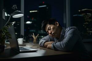 AI generated tired man hard working freelance job project photo