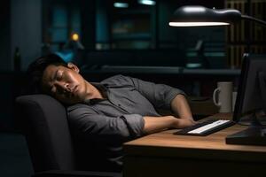 AI generated tired man hard working freelance job project photo