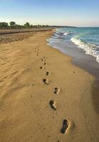 huellas en playa antecedentes. un huella de humano pies en el arena cerca el mar foto