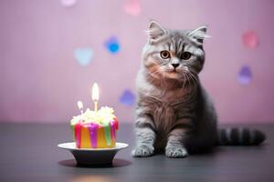 AI generated Cat in birthday hat blows out the candles on the cake. Generative AI photo