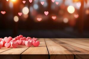 AI generated Empty wooden table and blurred Valentines day background. Generative AI photo