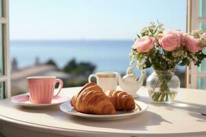 AI generated Breakfast on hotel balcony decorated with fresh flowers and croissants overlooking sea view. Generative AI photo