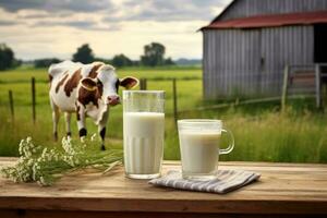 AI generated Fresh milk on a wooden table with a cow in a meadow in the background. Generative AI photo