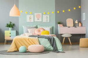 ai generado alegre niños dormitorio con cómodo cama y escritorio decorado en un pastel colores. generativo ai foto