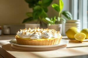 ai generado limón merengue tarta en moderno cocina con luz de sol. generativo ai foto