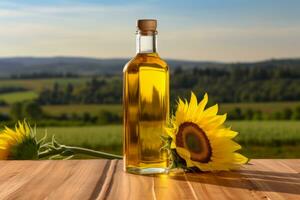 AI generated Plastic bottle of sunflower oil on a wooden table with a sunflower field backdrop. Generative AI photo